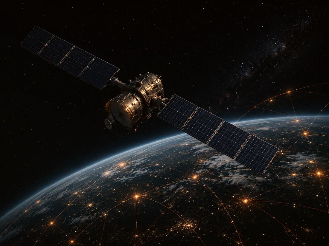 A satellite in low orbit above the illuminated curve of Earth.